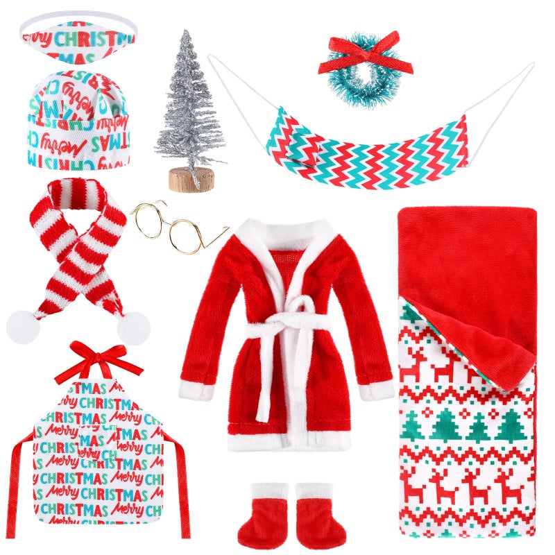 Bencailor Christmas Elf Accessories Elf Clothes Set Including Bathrobe Christmas Sleeping Bag Apron Hammock Shoes Scarf for Xmas New Year Party Decor(Vivid Style) - Image 1